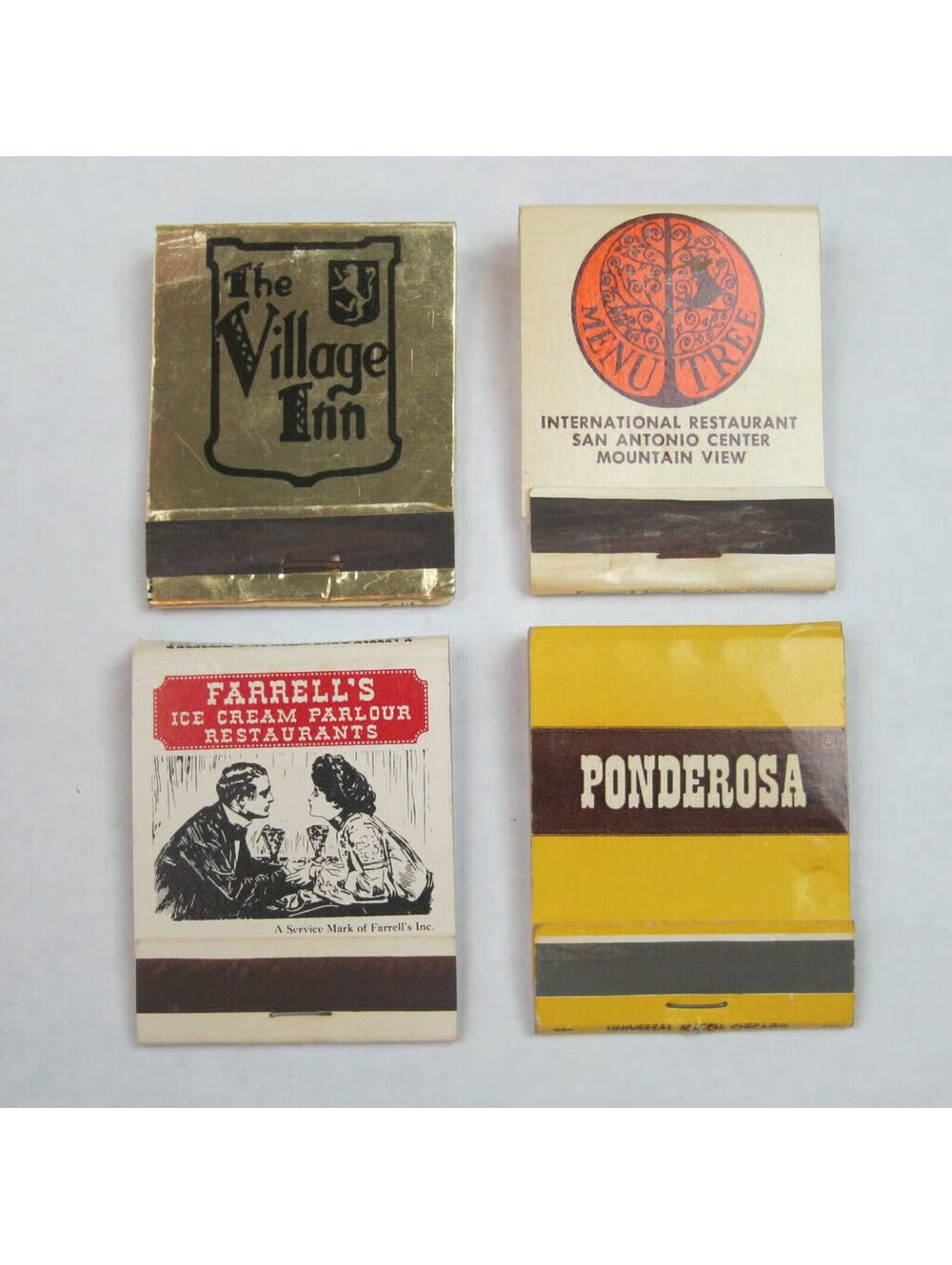 4 Vintage Matchbooks The Village Inn, Menu Tree, Farrell's Ice Cream, Ponderosa